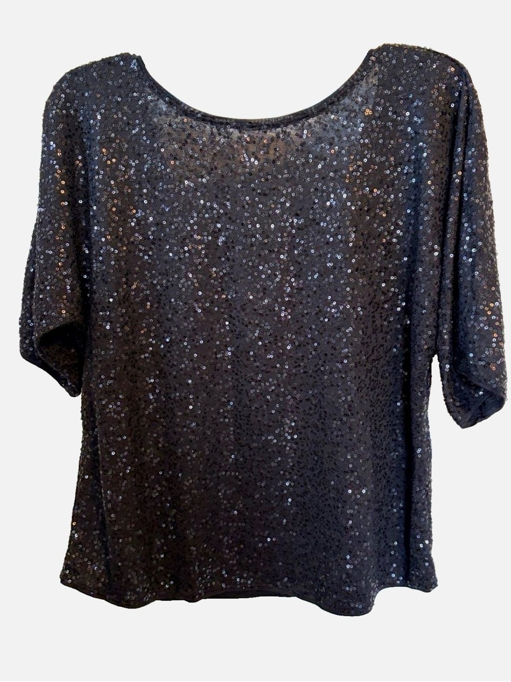 Eileen Fisher Black Sequin Scoop Neck Short Sleeve Top Small Fully Lined